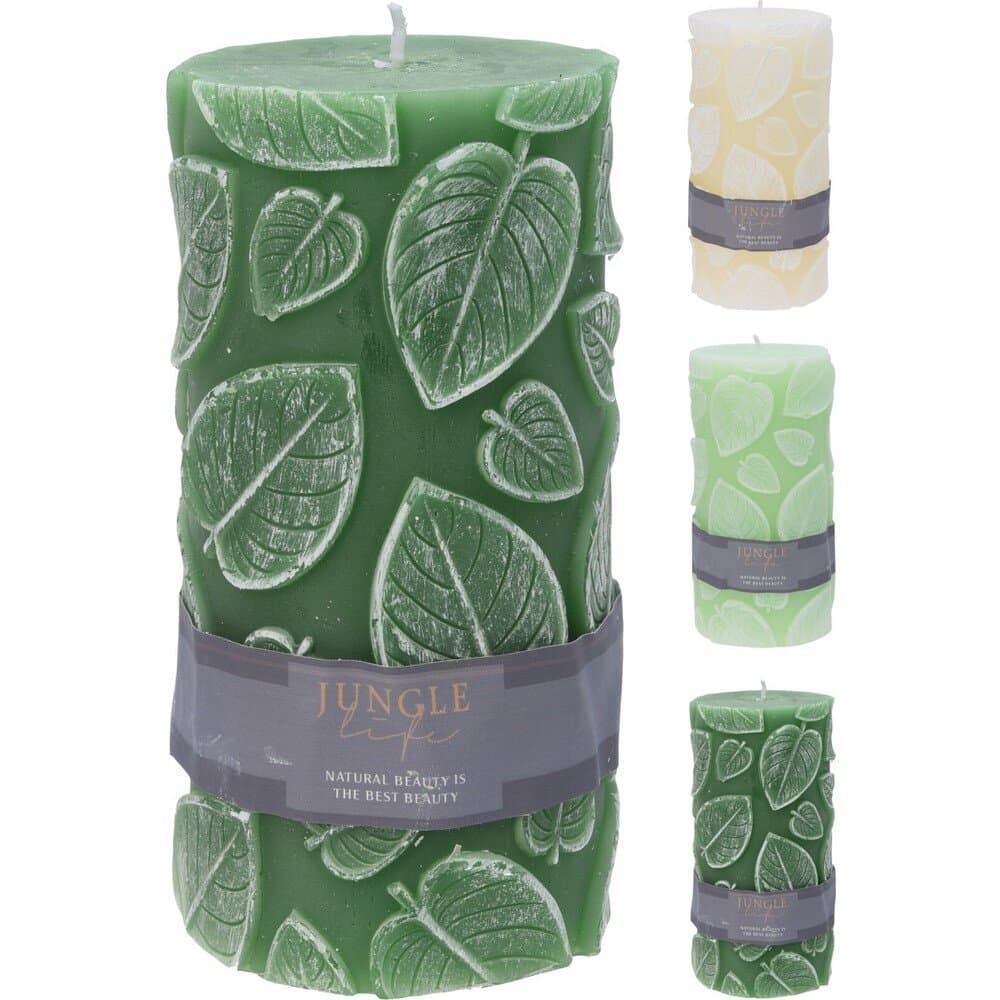 Candle Pillar Leaf Print 3Ass