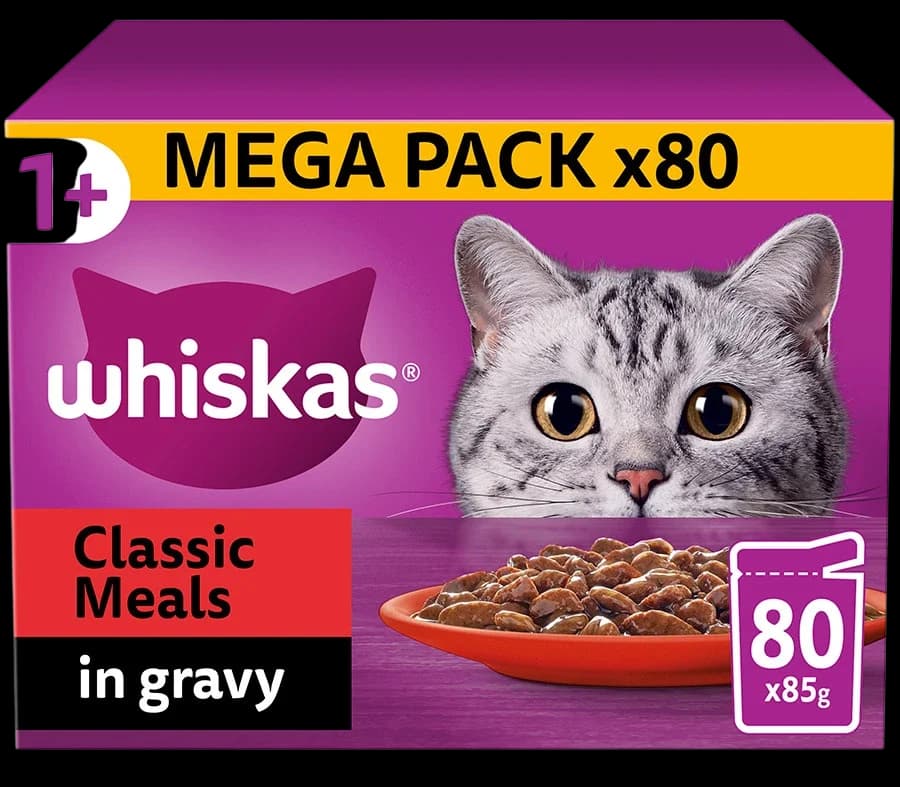 Whiskas Classic Meals Adult Wet Cat Food Pouches in Gravy - 80x