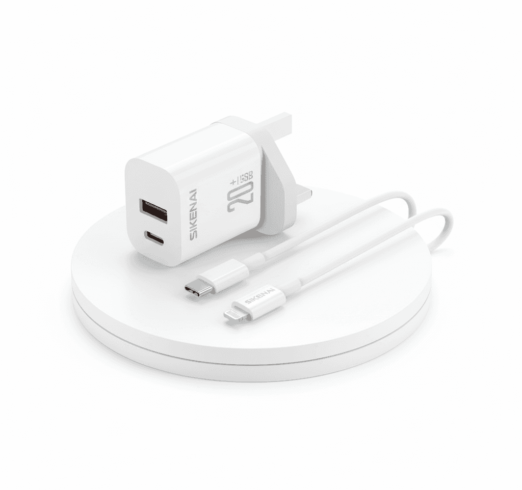SIKENAI Power Adapter 20W Dual Port with Lightning Cable GRN-2L-UK - White