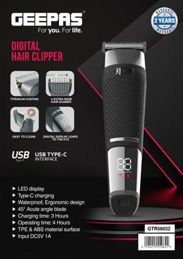 Geepas Digital Hair Clipper Titanium Blade - GTR56032 (Black) 9