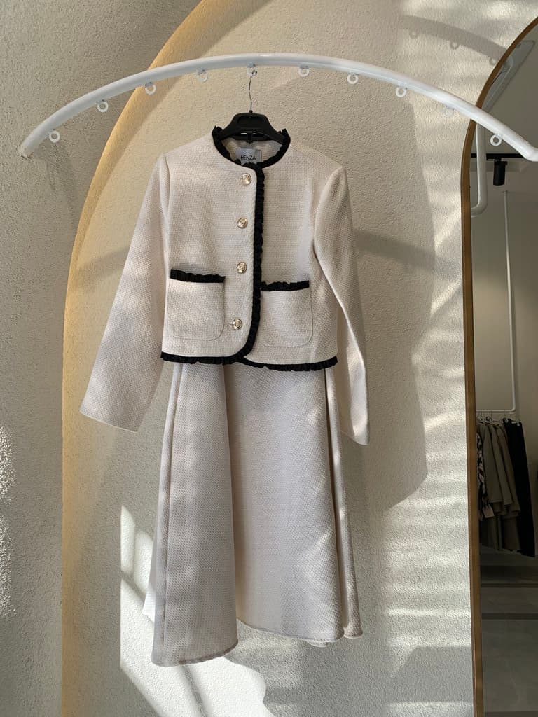 Henza Women’s White Polyester Jacket & Skirt Set (S)