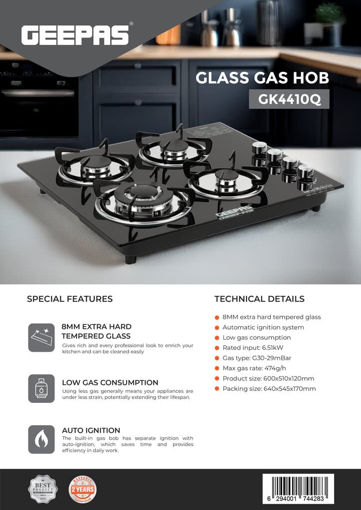 Geepas 4-Burner Gas Cooker Glass Top - GK4410 (Black) 2
