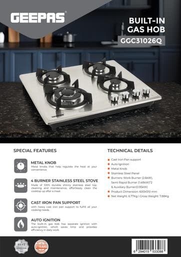 Geepas 4-Burner Gas Hob SS Auto Ignition - GGC31026 (Silver) 5