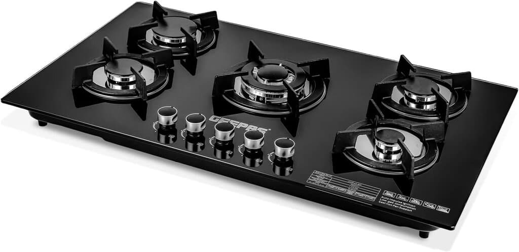 Geepas 5-Burner Glass Gas Hob Auto Ignition - GGC31011 (Black)