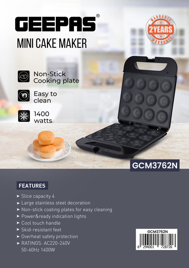 Geepas 12Pcs Mini Cake Maker 1400W - GCM3762 (Silver) 2