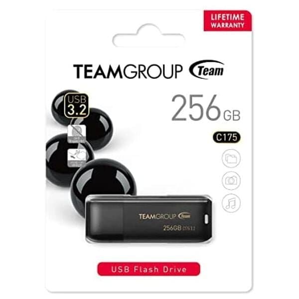 TEAMGROUP C175 256GB USB 3.2 Gen 1 Flash Drive Rounded Streamlined Unibody Design Black Pearl Seamle