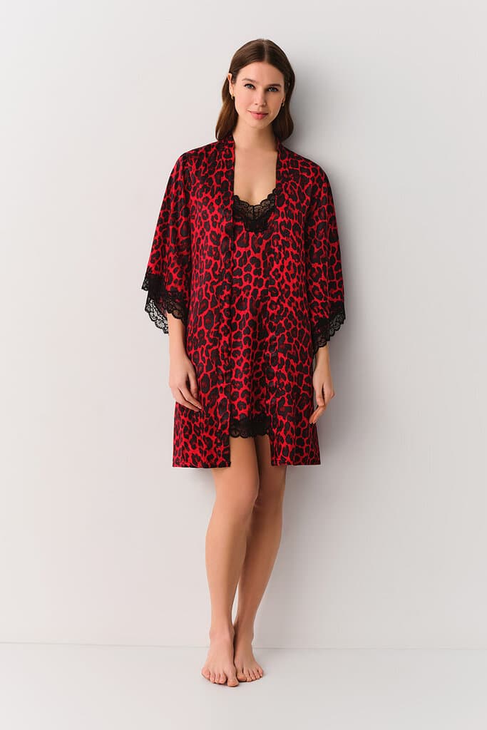 Suwen Red Leopard Print Lioness Morning Gown Morning Gown - L