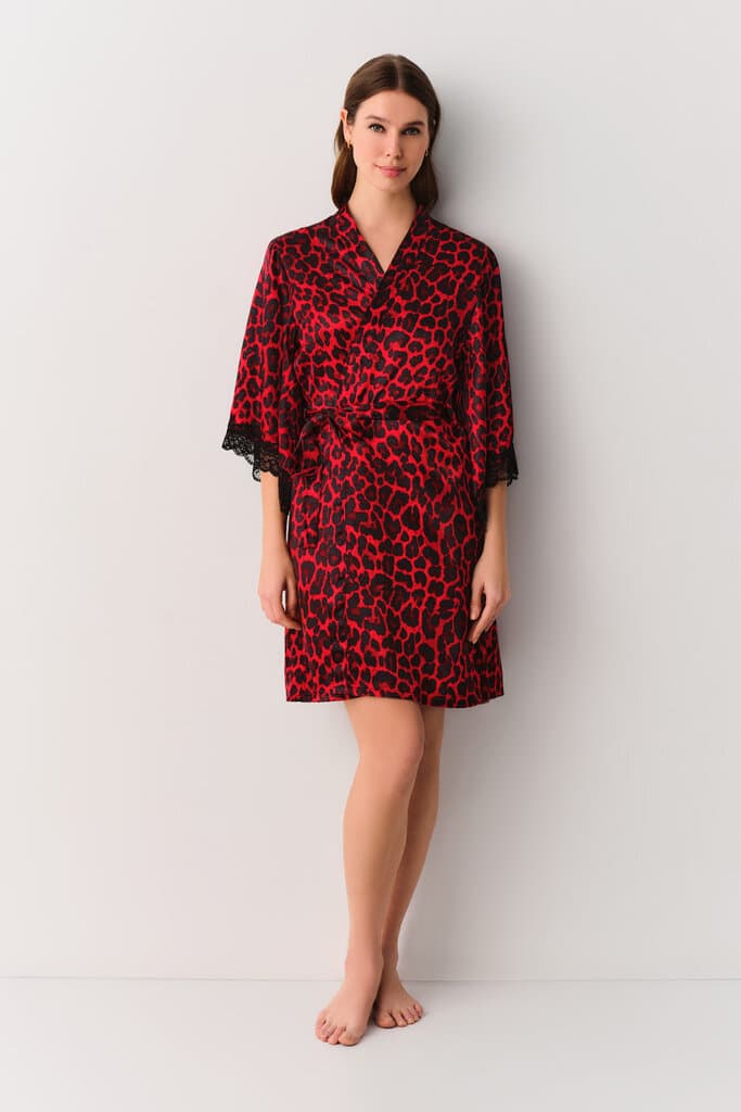 Suwen Red Leopard Print Lioness Morning Gown Morning Gown - M 2