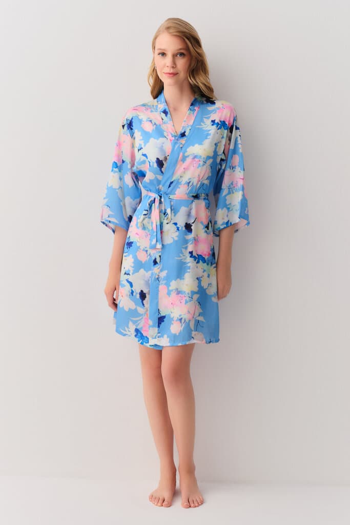 Suwen Blue Print Summer Flower Morning Gown Morning Gown - XL