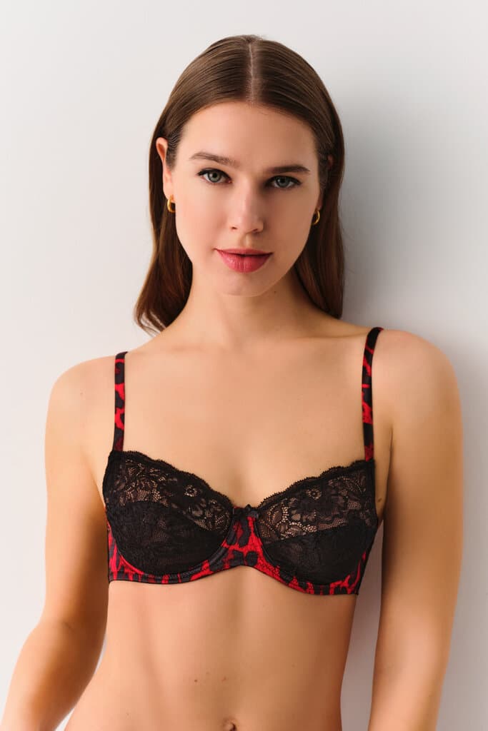 Suwen Red Leopard Print Lioness Wire Bra Bra - 75-C