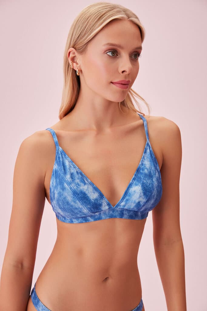 Suwen Denim Print Triangle Denim Printed Bikini Top Bikini Top - 36