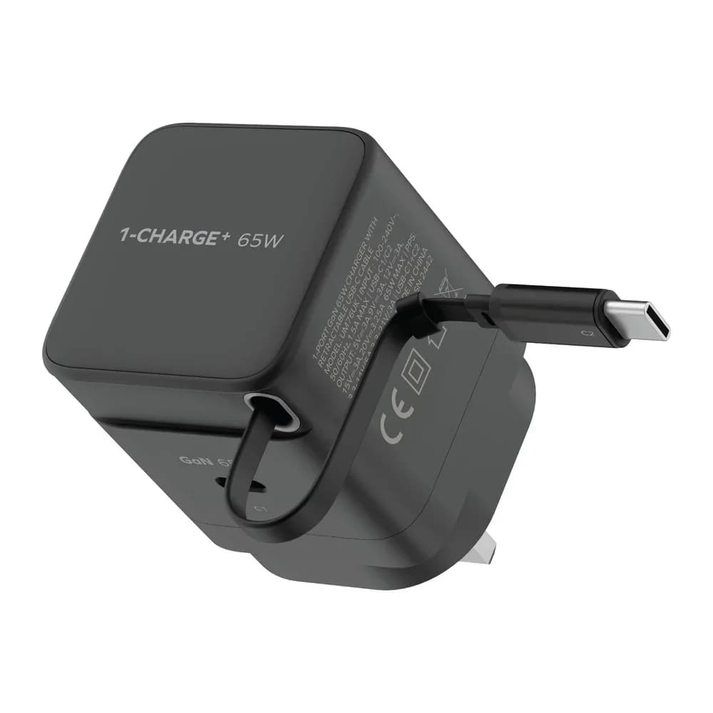 Momax CHARGE & Port GaN Charger - 65W, Retractable USB-C Cable - Black (UM76UKD)