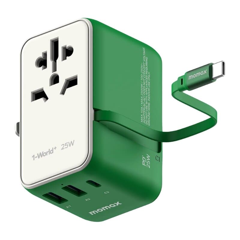 Momax World+ Travel Adapter - 25W, 3-Port, Built-in USB-C Cable + AC - Green (UA20G) 1