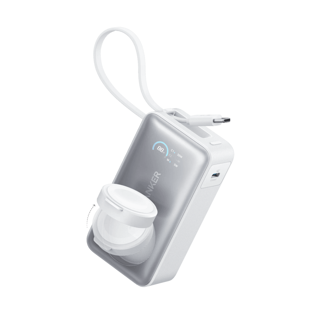 Anker MagGo Power Bank - 10K mAh, 35W, Built-in USB-C Cable, Apple Watch Wireless Charger - White (A1657H21)