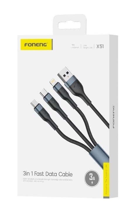 FONENG X51 3-in-1 Charging Cable (3A, 1.2m) - Black