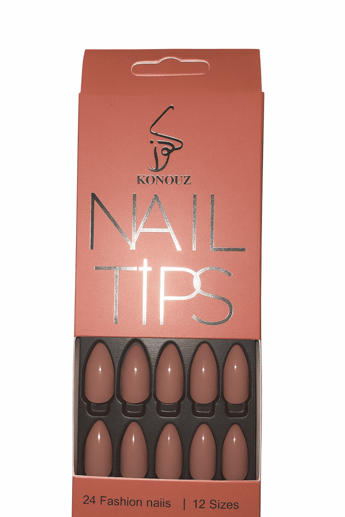 KONOUZ Press-On Nail Tips – 24pcs Brown Nude Almond Shape (12)