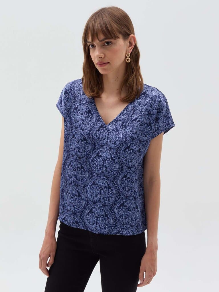 OVS Indigo Blue Satin blouse with V neck
