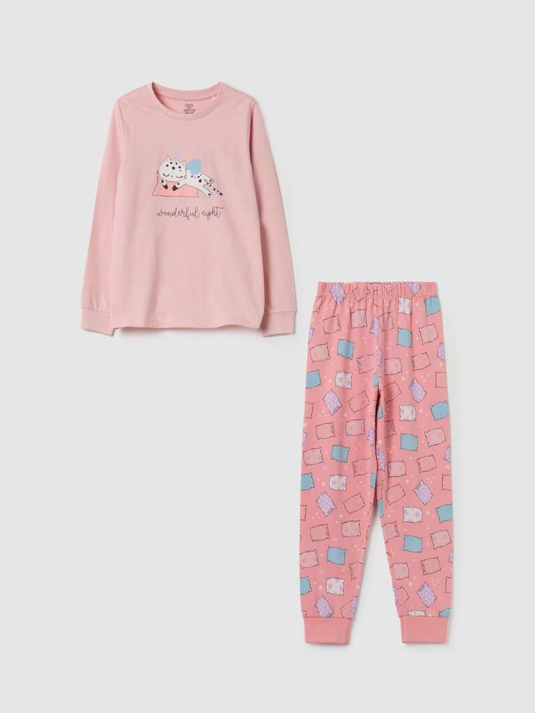 OVS KIDS Pink Long pyjamas with print in organic cotton