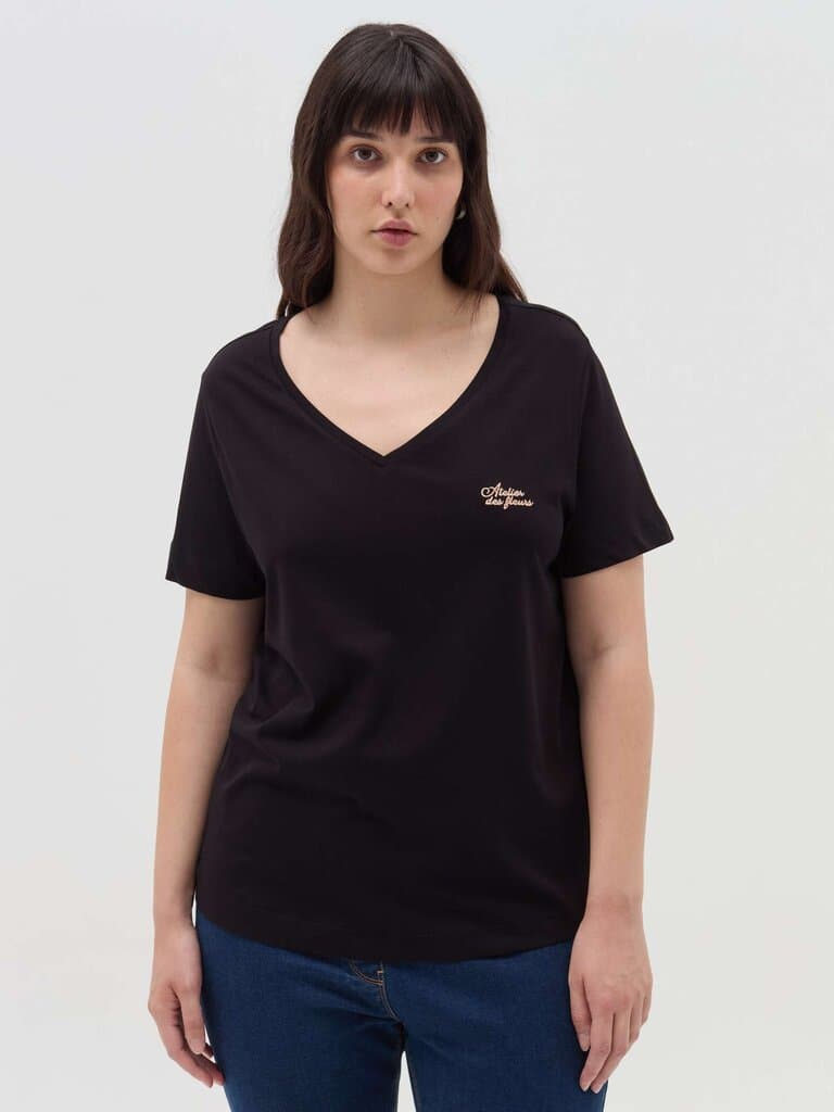 MYA Black Curvy T-shirt with lurex embroidery