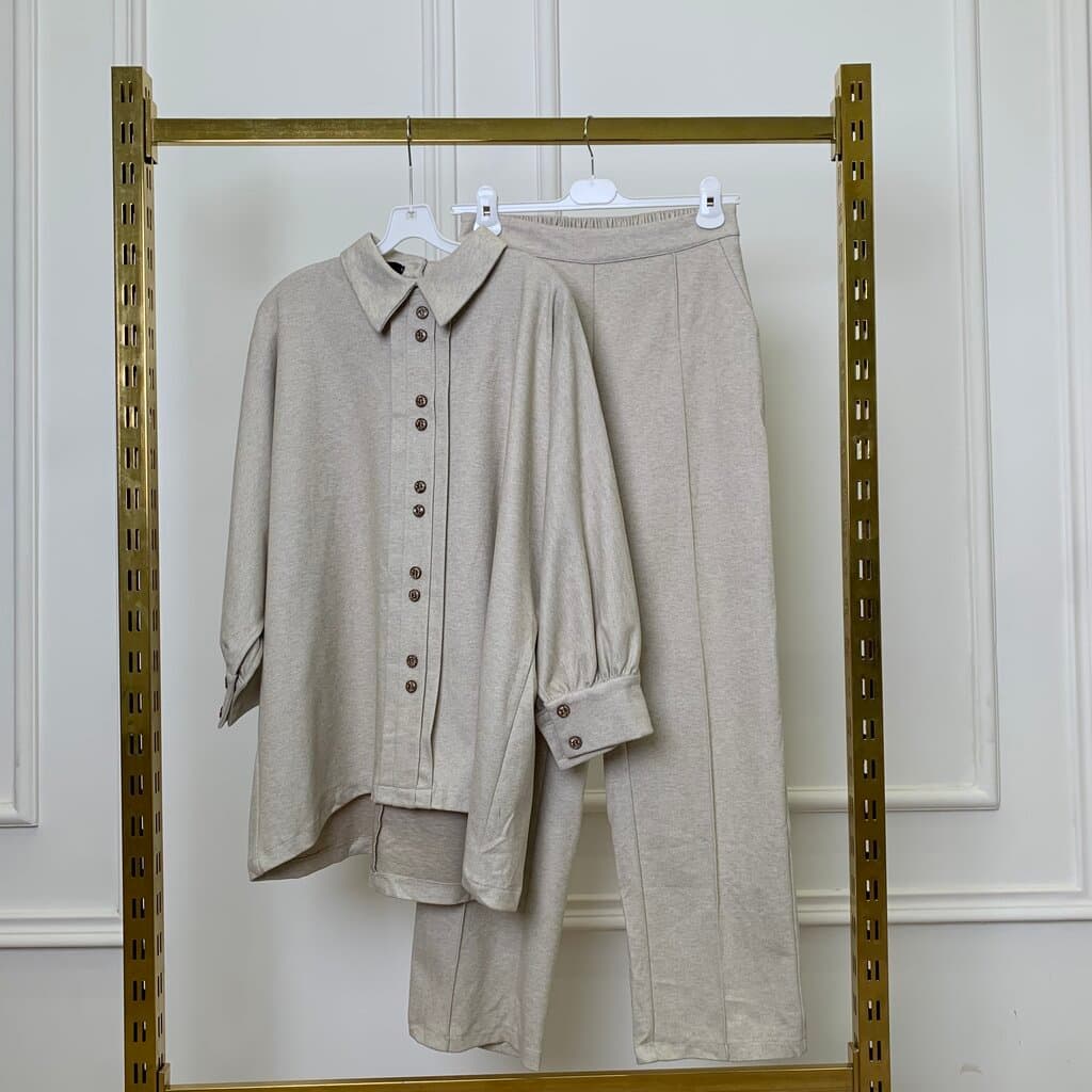 BRLZ FASHION Women's Cotton Long Dress & Pant Set - Light Brown (S)