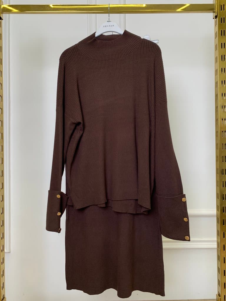 Strada Women's Wool Top and Skirt Set - Dark Brown (Free Size)