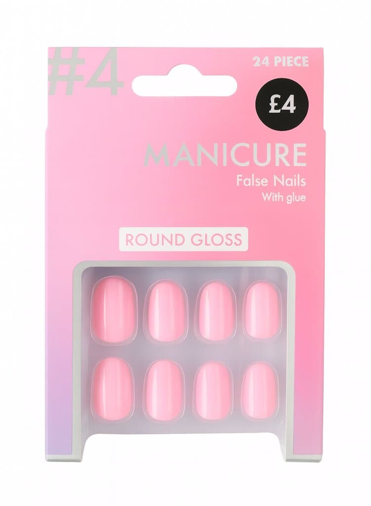 Manicure Round Gloss False Nails – Pink (24 Piece, With Glue)