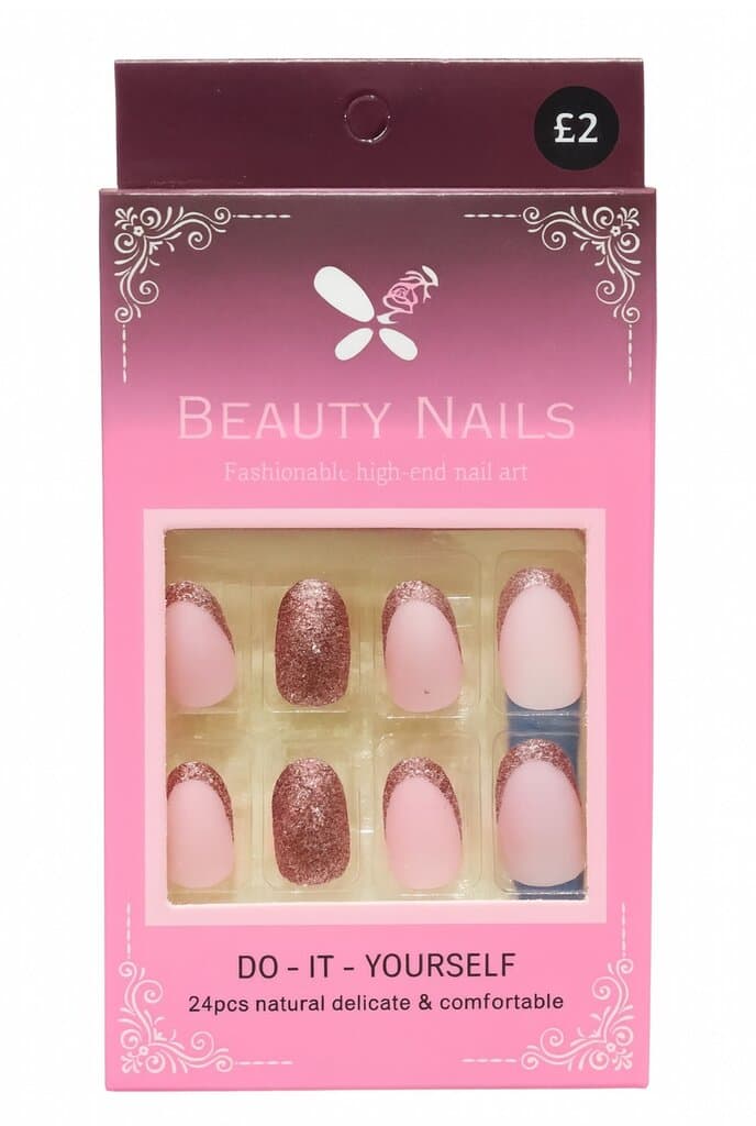 Beauty Nails Press-On False Nails – Pink & Rose Gold Glitter (24 Pieces)