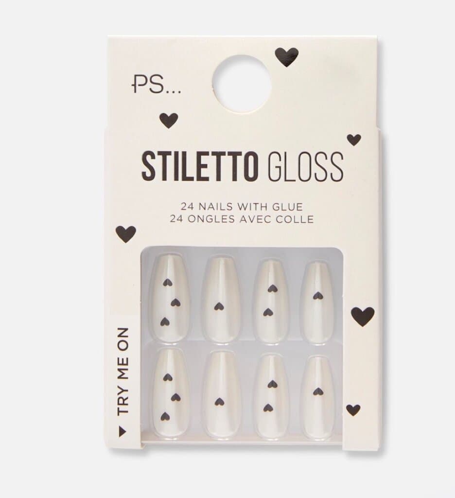 PS… Stiletto Gloss False Nails – White with Black Heart Design (24 Nails)