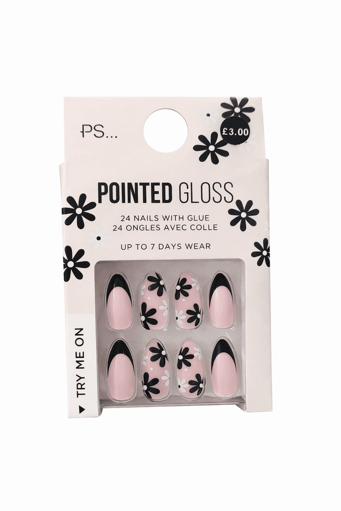 PS… Pointed Gloss False Nails – Black & Blush Floral Design (24 Nails with Glue)