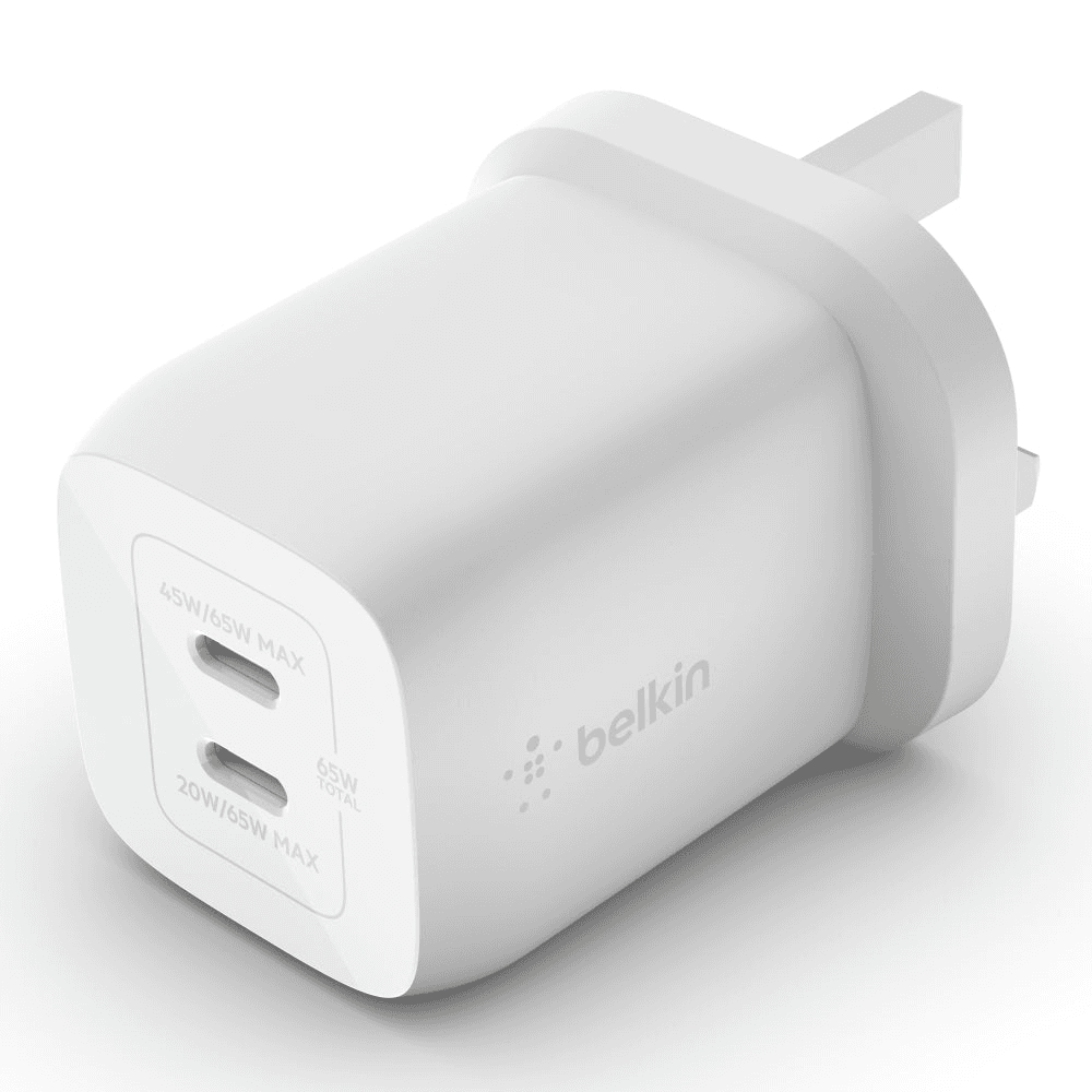Belkin 65W Dual USB-C GaN Wall Charger with PPS - WCH013myWH (White)