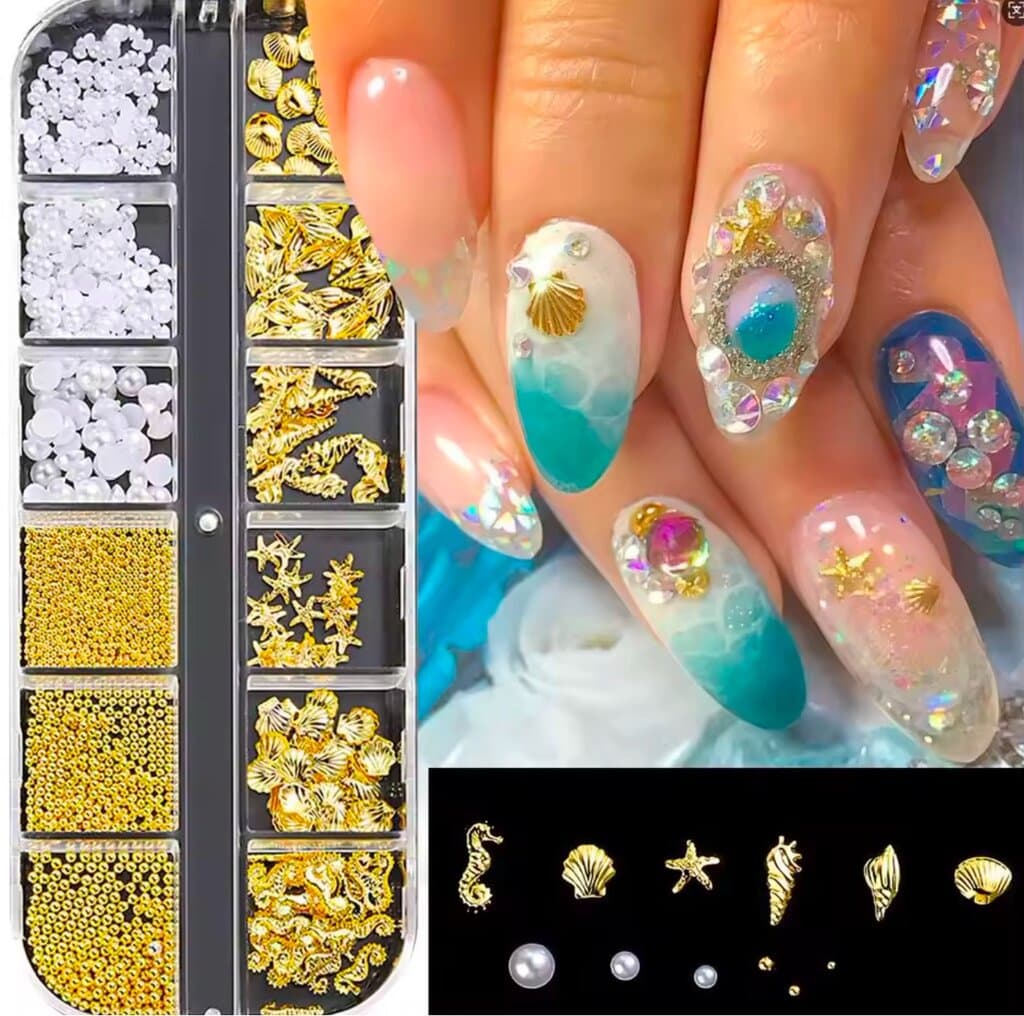 Luxury 3D Nail Art Decoration Kit – Pearls, Gold Charms & Rhinestones