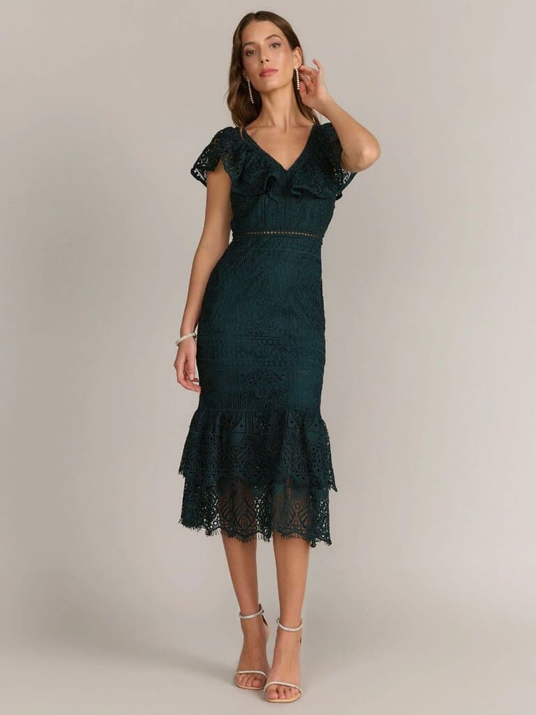 Just Me Sleeveless Ruffled V-Neck Crochet Sheath Dress - Brands We Love 2