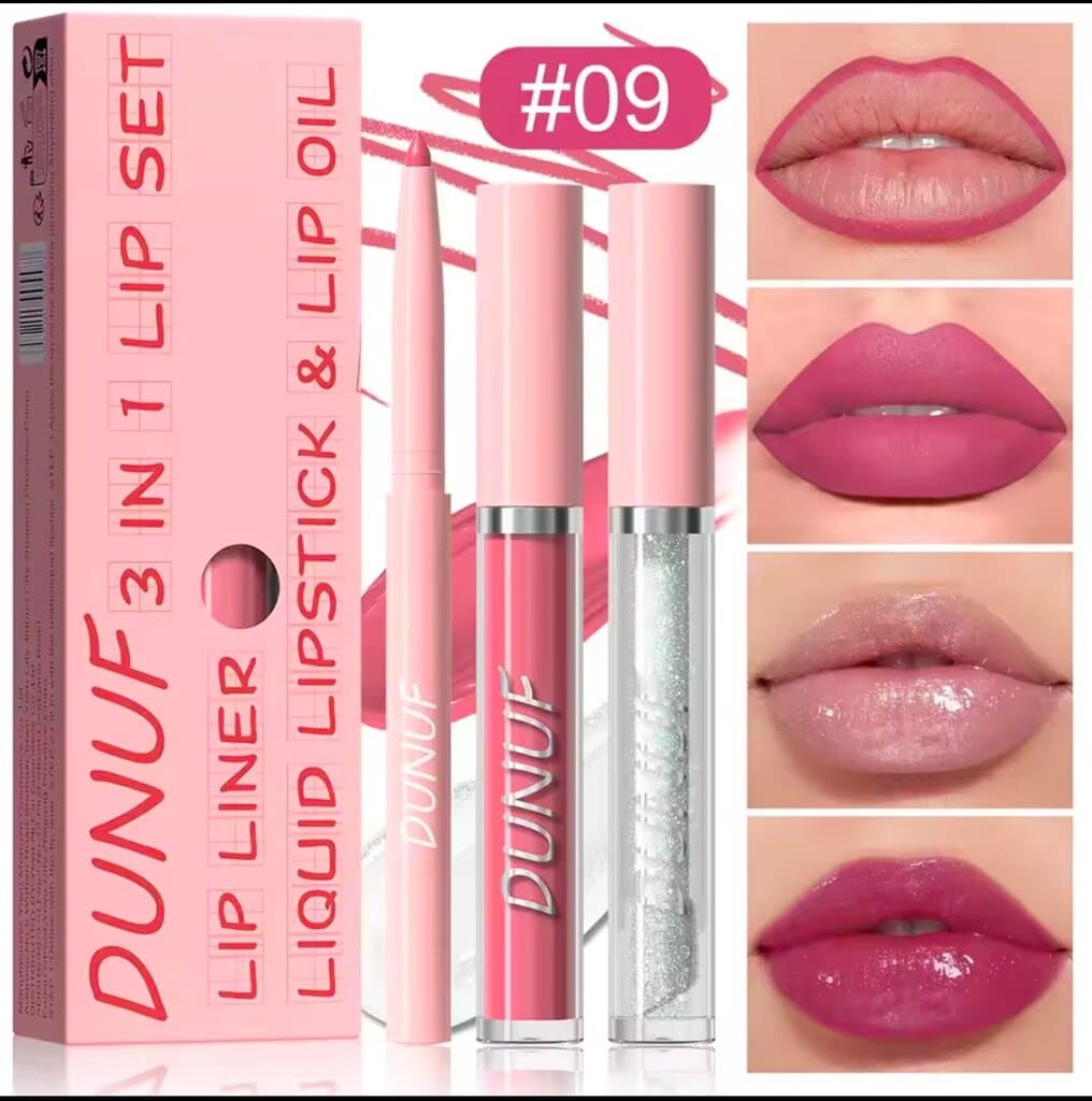 DUNUF 3-in-1 Lip Set – Lip Liner, Liquid Lipstick & Gloss (Shade #09) 💄✨