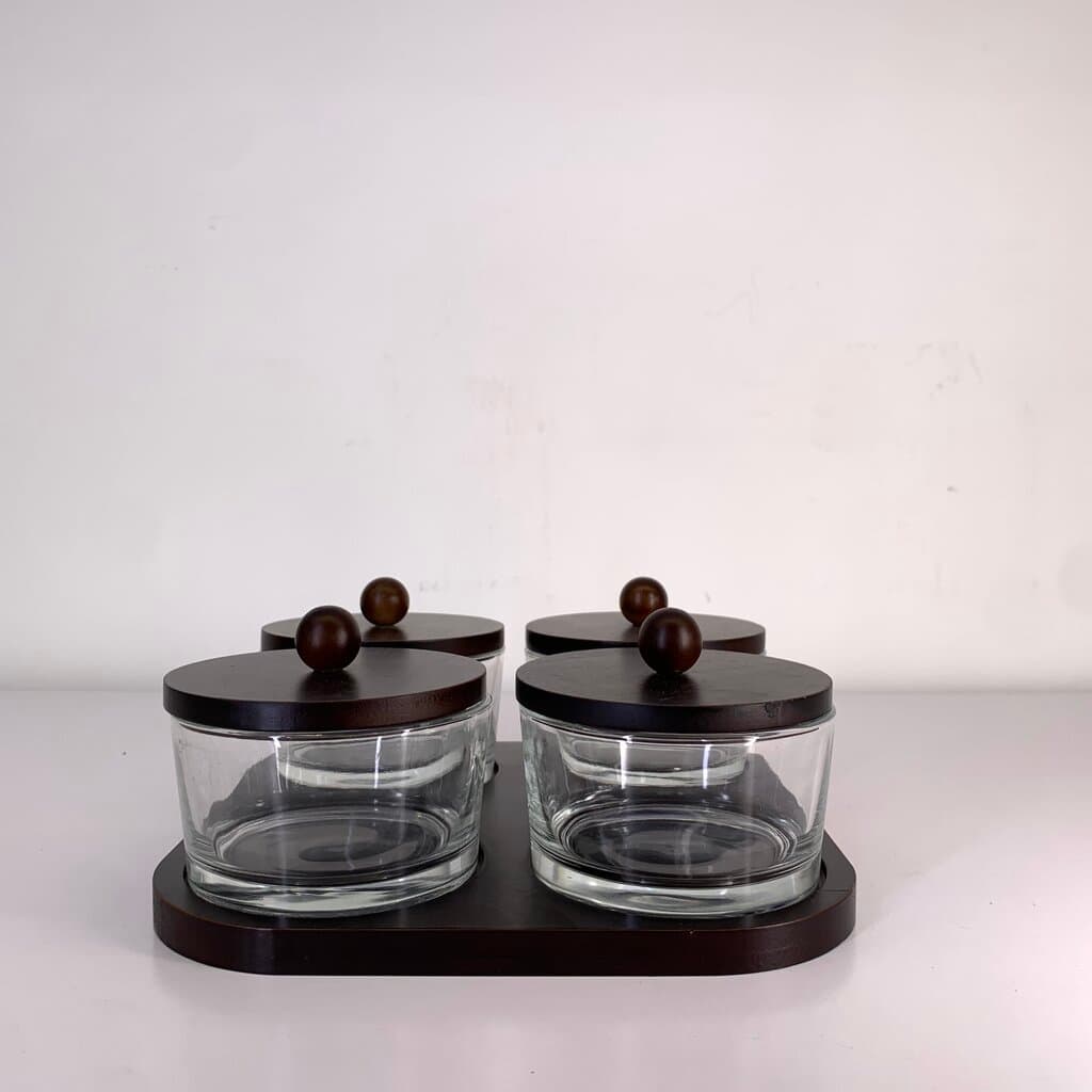 Glass Condiment Jar Set with Wooden Stand - 4 Piece