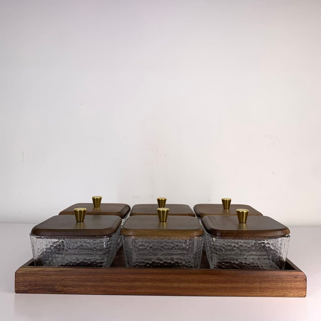 Glass Condiment Jar Set with Wooden Tray - Dark Brown (6-Piece )