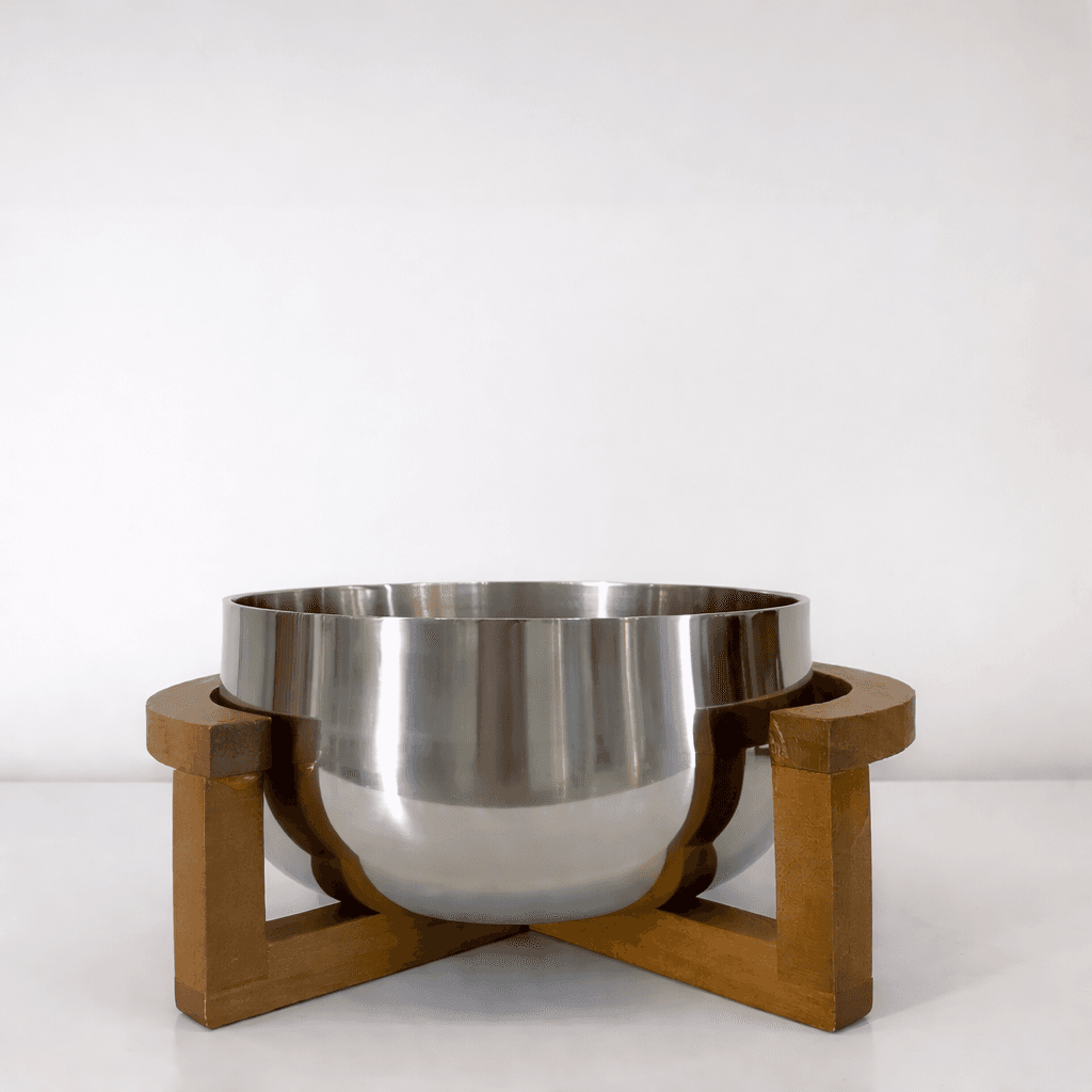 Metal Bowl with Wood Stand - Silver