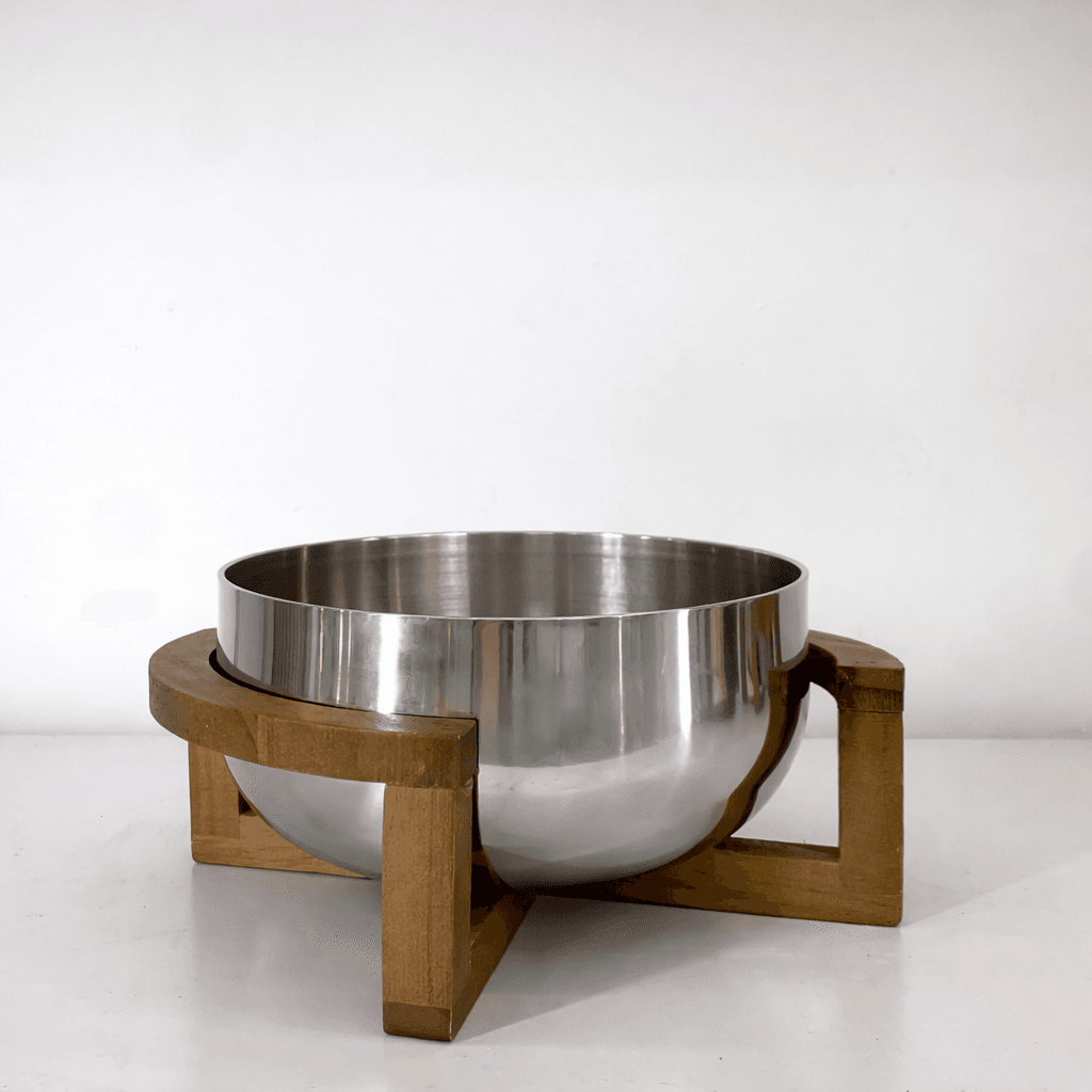 Metal Bowl with Wood Stand - Silver 2