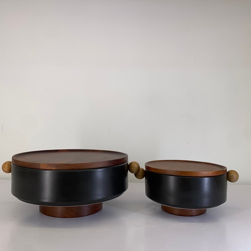 Serving Bowl with Wooden Lid - Black (S)