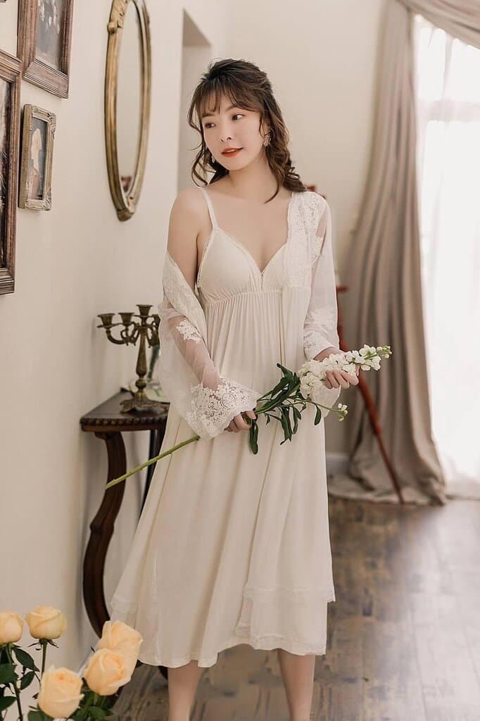 Oleanda Two Pieces Satin Night Dress - White