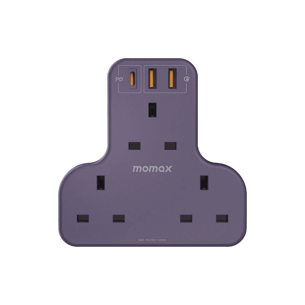 Momax ONEPLUG 3-Outlet T-shaped Extension Socket With USB - Purple