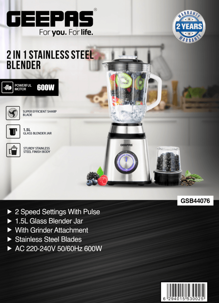 Geepas Blender Stainless Steel, 600W, 2-in-1 – GSB44076UK 3