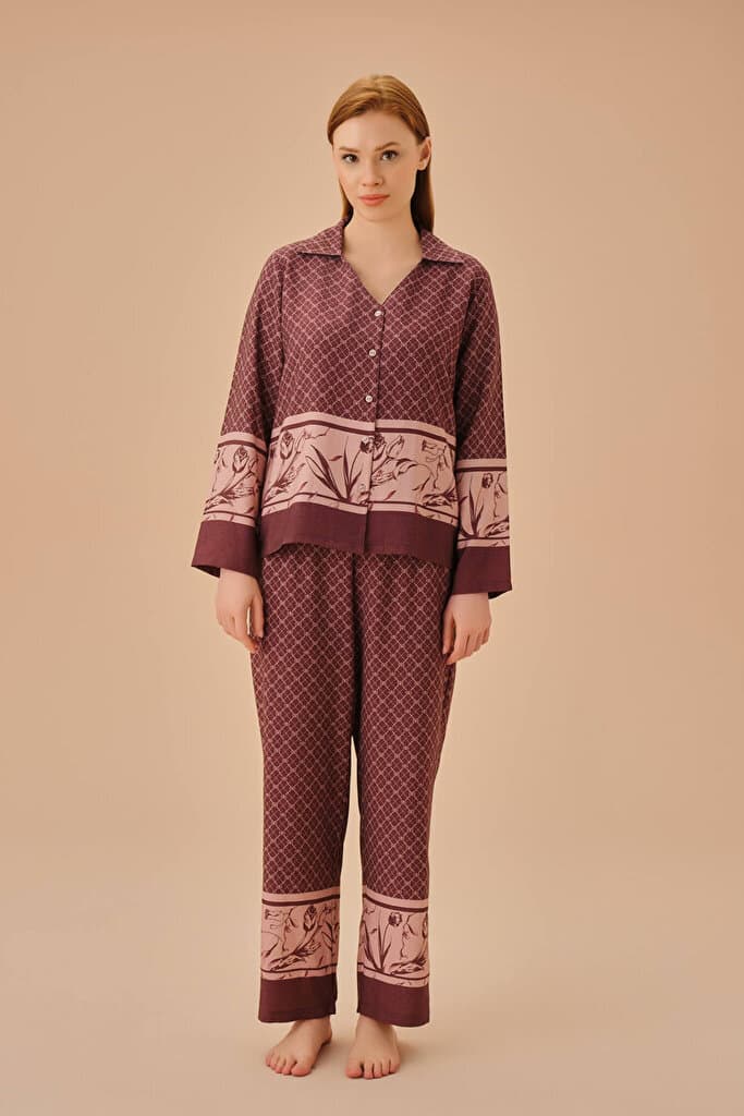 SUWEN Fall Masculine Pyjamas Set - Terracota Print - S