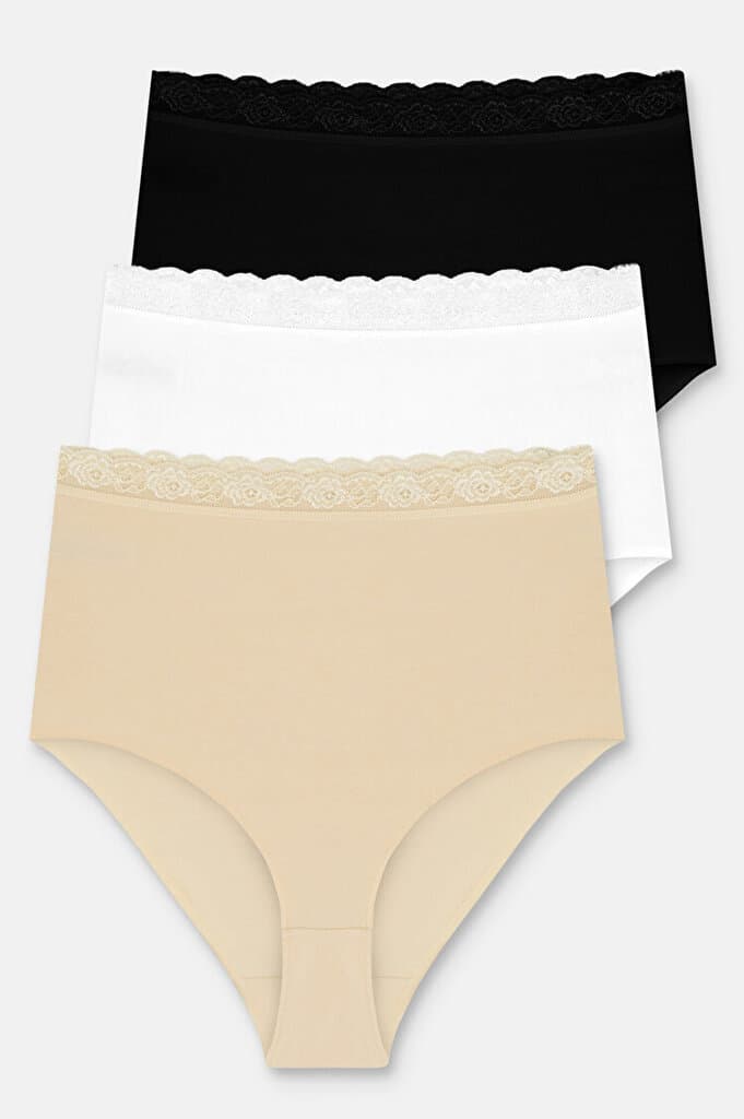 SUWEN 3 P Basic Cotton Lace High Waist Slip - Black/White/Skin - M