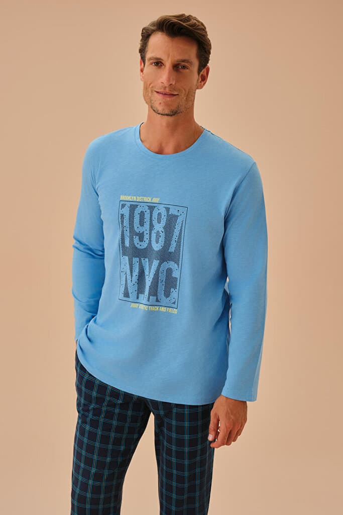 SUWEN Chris Men Pyjamas Set - Navy Blue Plaid - S 3