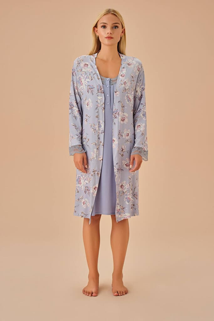 SUWEN Maria Morning Gown - Lilac Print - S