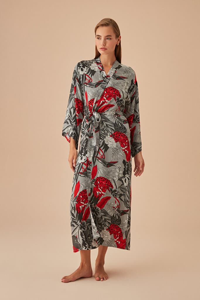 SUWEN Lupin Long Morning Gown - Gray Print - S