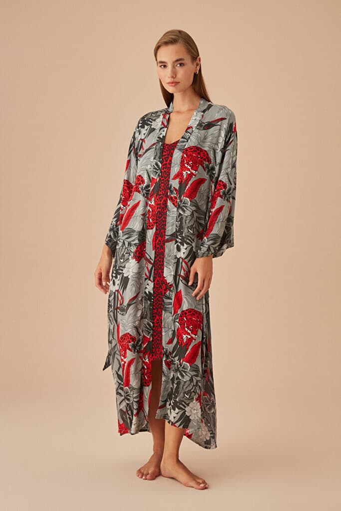 SUWEN Lupin Long Morning Gown - Gray Print - S 2
