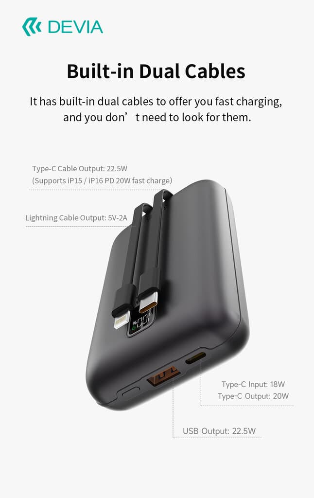 Devia Power Bank Ultra4 MINI 22.5W Power Bank  With Built-in 2 Cables (20000mAh) - EP208 - Interstellar grey 8