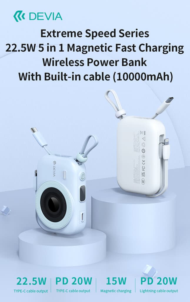 Devia Extreme Speed Series MINI 22.5W Magnetic Power Bank With Built-in 2 Cables (9600mAh) - White 5