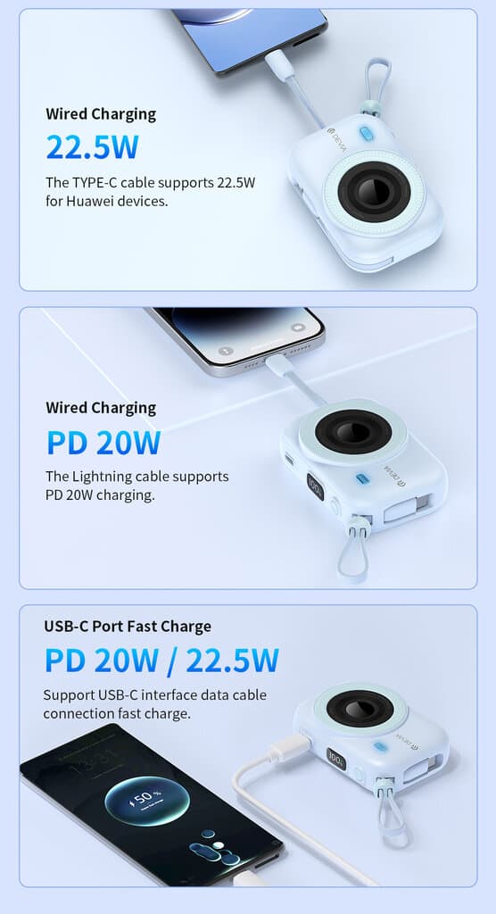 Devia Extreme Speed Series MINI 22.5W Magnetic Power Bank With Built-in 2 Cables (9600mAh) - White 6